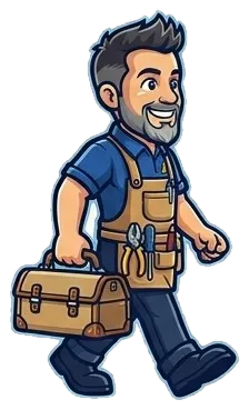 Alex mascot walking with his toolbox